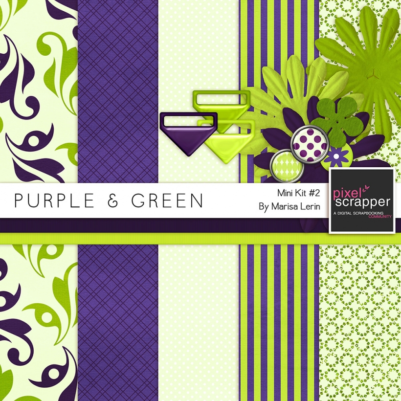 Purple & Green Mini Kit #2 flowers brads papers ribbons clips green purple